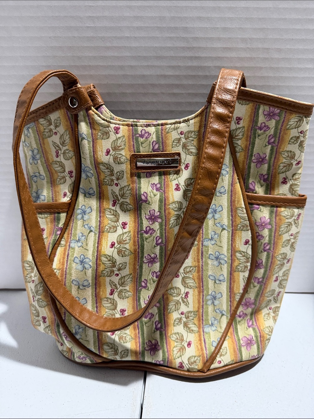 Longaberger Floral Stripe Canvas Tote with Tan Leather Trim
